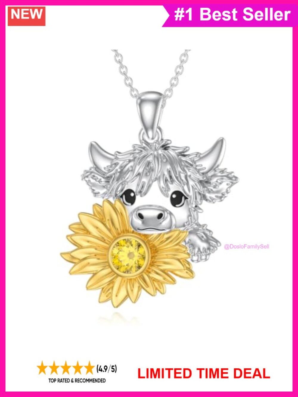 925 Sterling Silver Highland Cow Necklace Natural Citrine Sunflower Pendant 18in